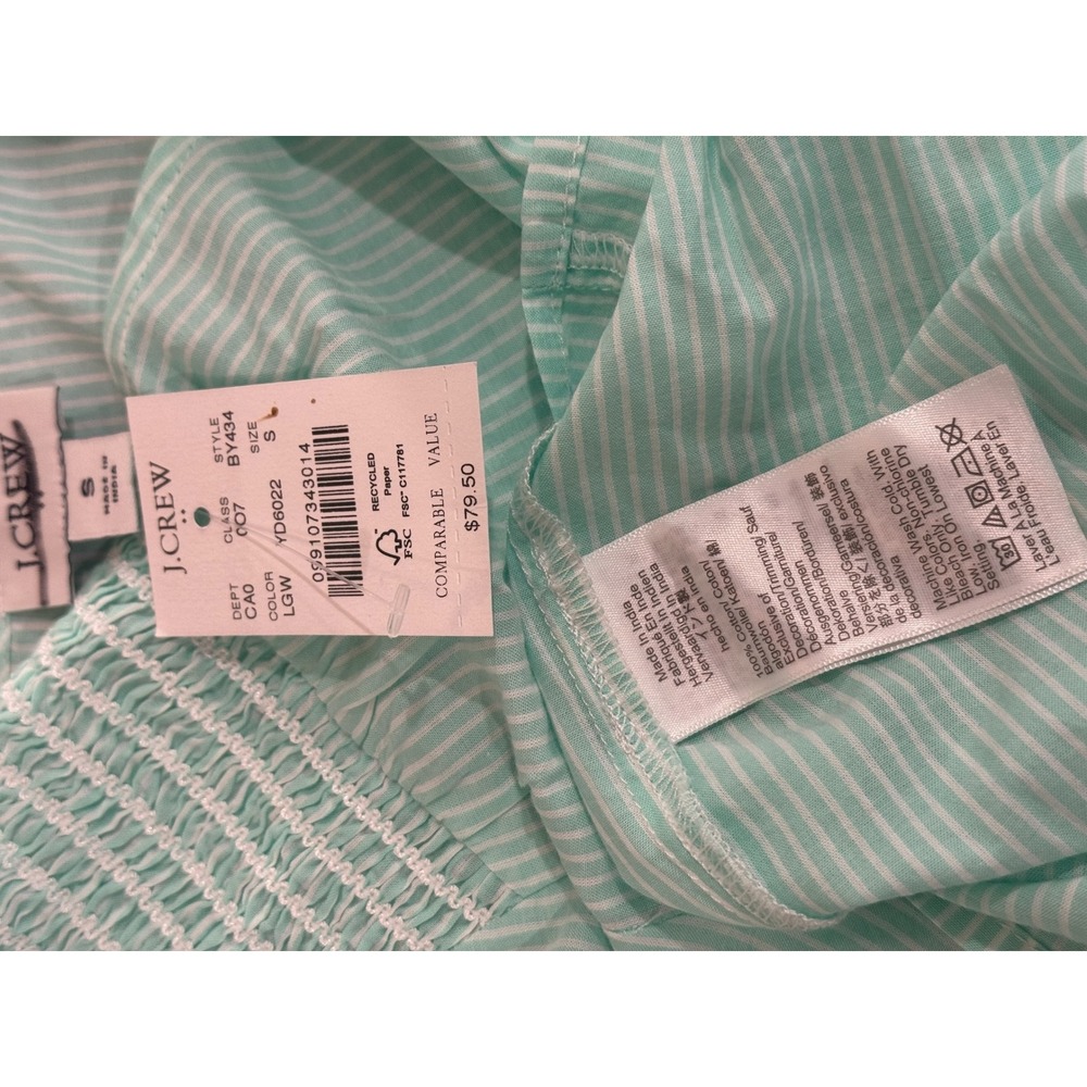 NWT J.Crew Womens Top Size S Green White Striped Smocked Puff Sleeve Blouse - Picture 6 of 6